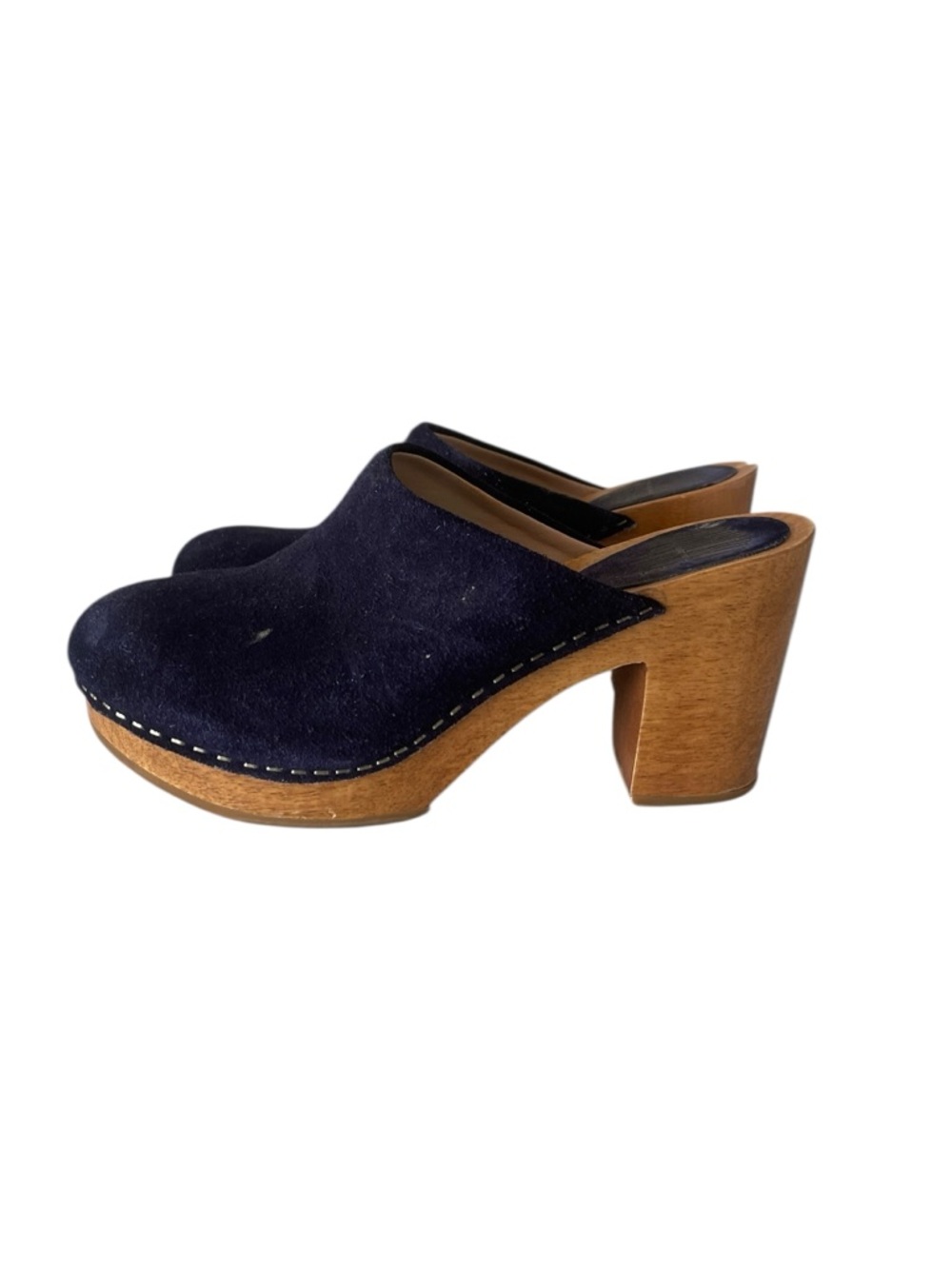 Charlotte Stone Navy Suede Wooden Heel Clogs 37